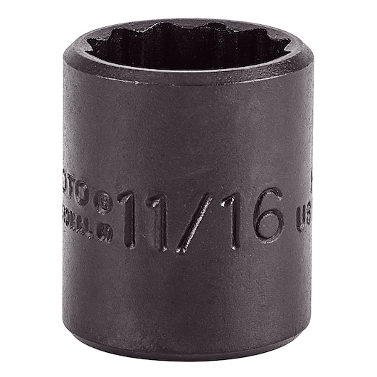 PROTO J5222B 11/16 inch black impact socket front angle on white background.