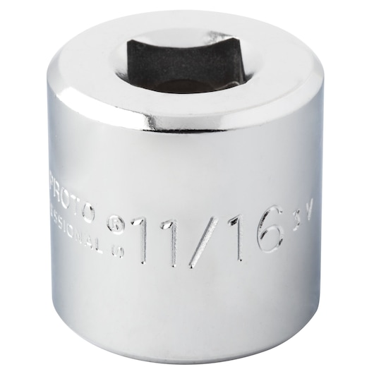 PROTO chrome socket 11/16 inch, SKU J5222HS, tool photography, side angle on white background.
