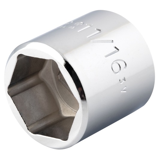 PROTO J5222HS chrome 6-point 11/16 inch socket, close-up angled on white background, hand tool accessory.