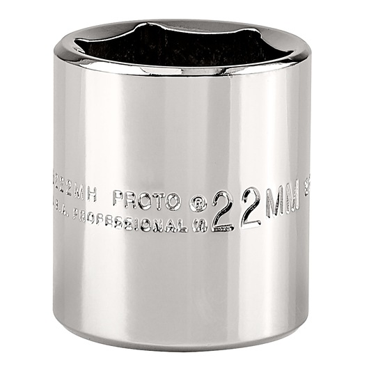 PROTO J5222MH chrome socket, 22mm size, cylindrical front angle, tool photography.