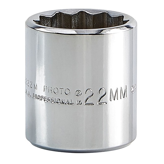 Photo of PROTO J5222M 22mm chrome socket, twelve-point, cylindrical, white background, tool category.