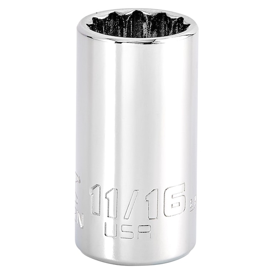 PROTO J5222N chrome 11/16 inch deep socket, vertical angle, white background