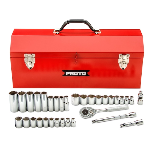 PROTO J52230 socket set with chrome sockets, ratchet, and extensions in front of a red metal toolbox, front angle.
