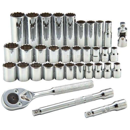 PROTO J52230 chrome socket set with ratchet and extension bars, front view on white background.