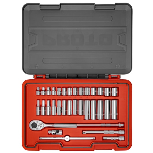 PROTO J52234S socket and ratchet set in red hard case, photographed from above on white background.
