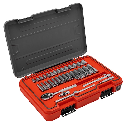 PROTO J52234S socket and ratchet set with chrome sockets and accessories in an open red hard case, angled view.