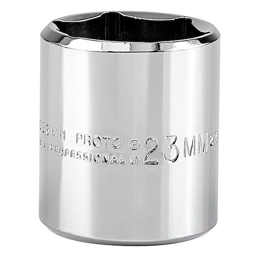 PROTO J5223MH chrome 23mm socket, front angle, white background.