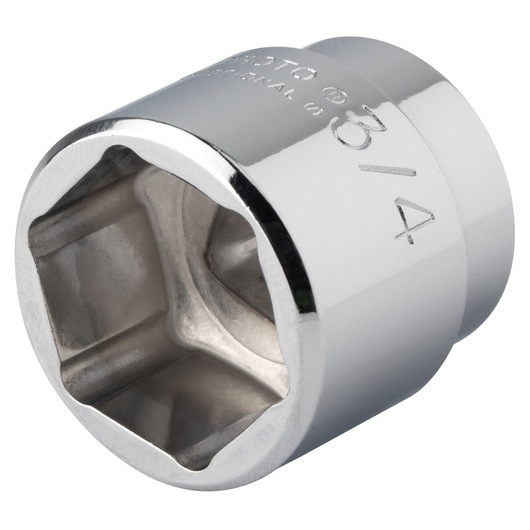 PROTO J5224HS chrome socket, 3/4 inch, close-up angled on white background, six-point interior visible.