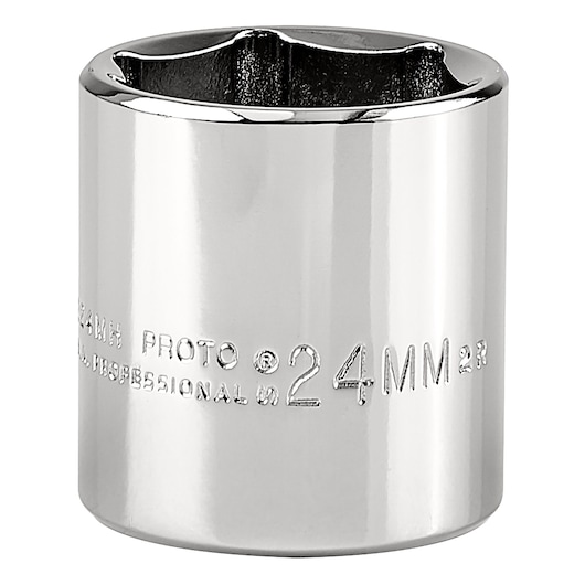Photo of PROTO J5224MH 24mm chrome socket, front angle, with embossed size marking.