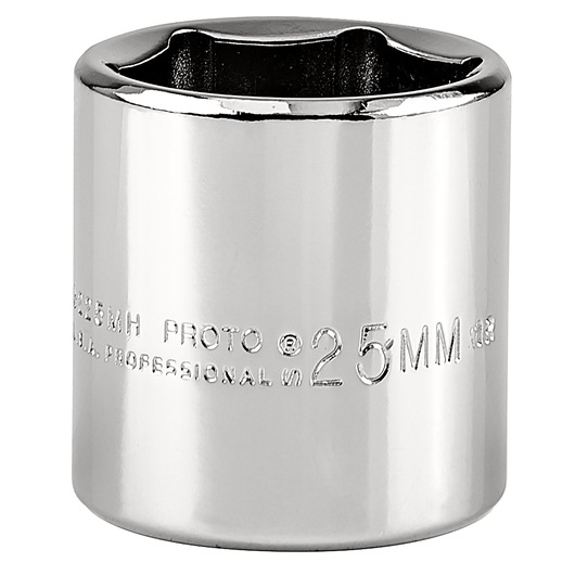 PROTO J5225MH chrome socket, 25mm size, cylindrical hand tool on white background, front angle.