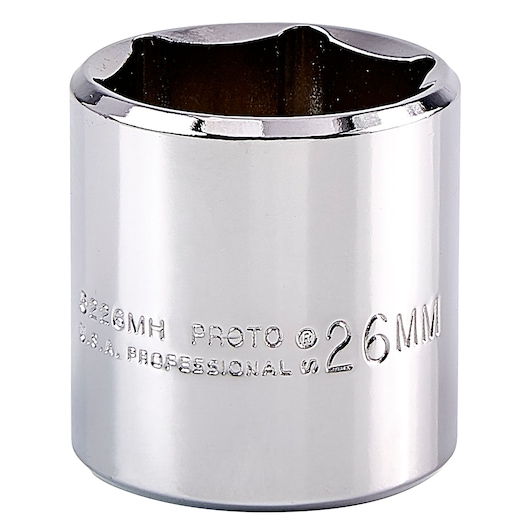 PROTO J5226MH chrome 26mm socket, close-up angled on white background, tool for ratchets.