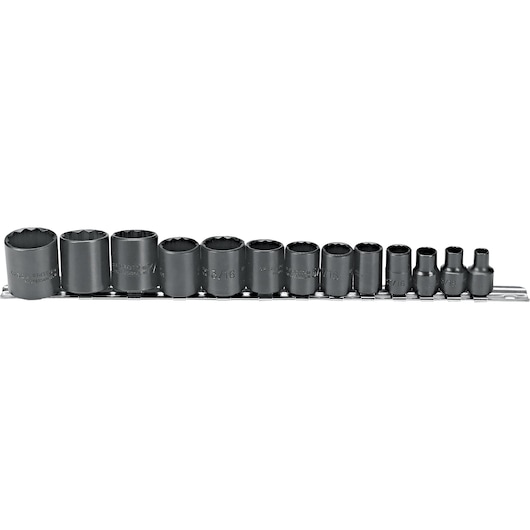 PROTO J52304 socket set on rail, showing 13 black sockets in various sizes, front angle on white background.