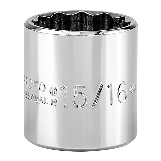 PROTO J5230 chrome socket, 15/16 inch, front angle, polished finish, tool photography.