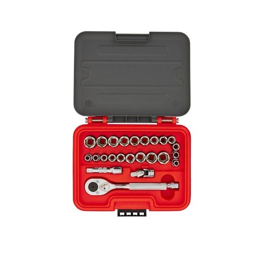 PROTO J52325S socket set with ratchet and extensions in red and gray case, top-down view on white background.