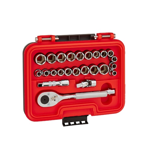 PROTO J52325S socket and ratchet set in red plastic case, photography of set from top view on white background.