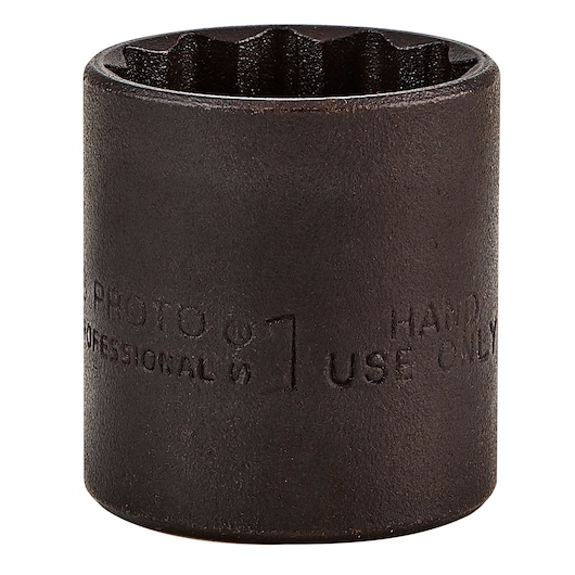 PROTO J5232B black industrial socket, 12-point, cylindrical shape, close-up on white background.