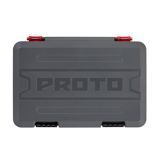 PROTO J52332AS dark gray tool case with embossed logo, top view, closed, white background.