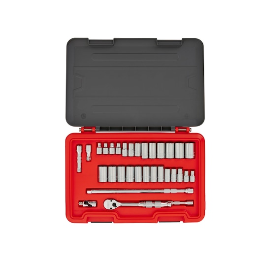 PROTO J52332AS socket set with ratchet and extensions, silver tools in a red and black hard case, top view.