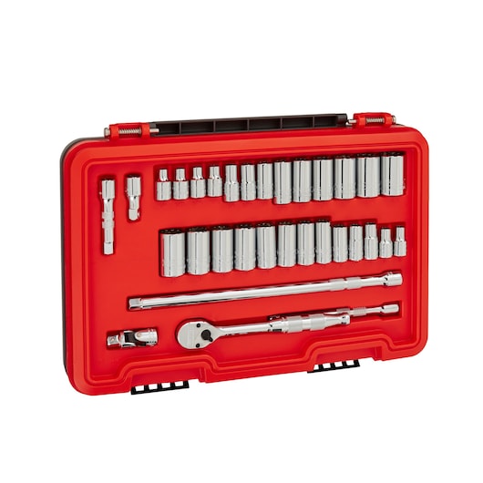 PROTO J52332AS socket set with ratchet and extensions in red plastic case, angled view on white background.