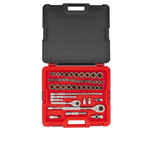 PROTO J52352S socket and ratchet set in red and black hard case, top-down angle.