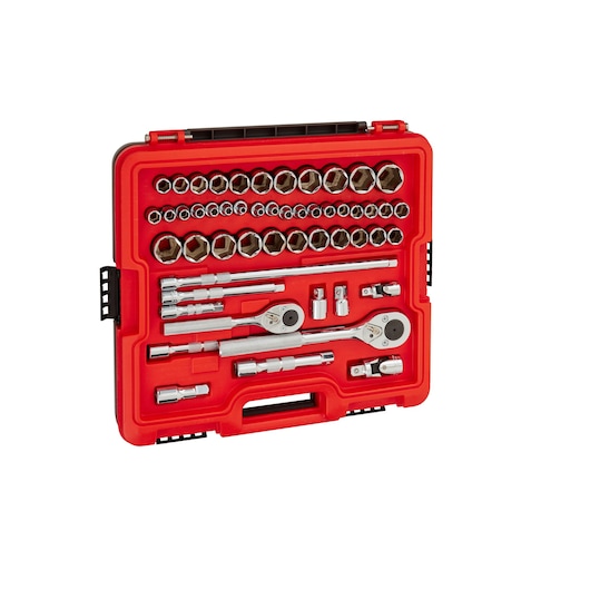 PROTO J52352S socket and ratchet set in red hard case, top angle with assorted sockets and tools visible.