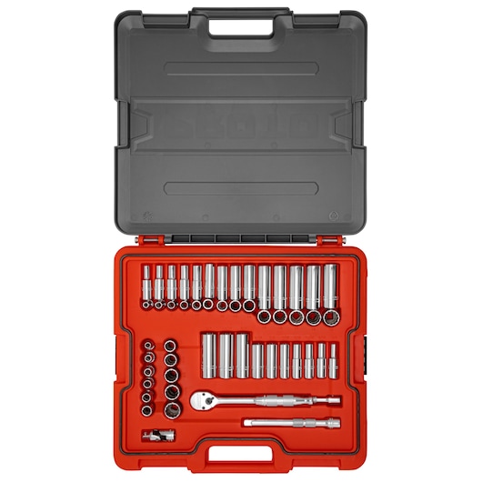 PROTO J52353AS socket set in red hard case, top view, various chrome sockets and ratchet included.