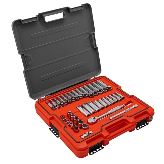 PROTO J52353AS socket set with ratchet and accessories in red carrying case, angled product photo.