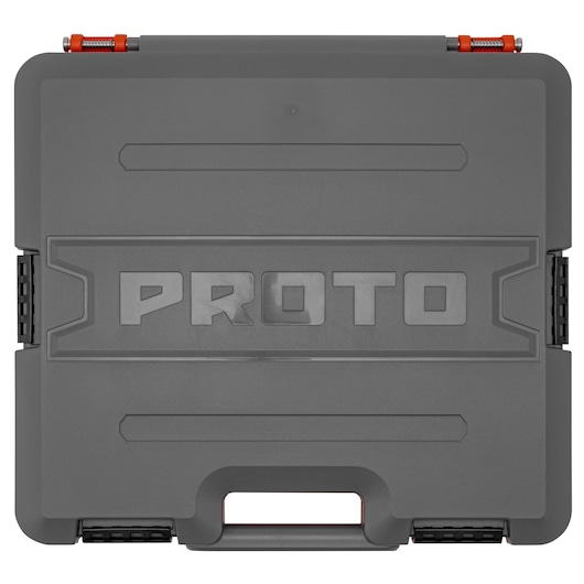 PROTO J52353AS gray hard plastic tool case with top view, orange latches, and molded handle.