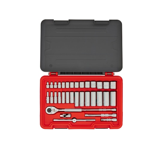 PROTO J52363S socket and ratchet set with extensions in a red and black hard case, top angle on white background.