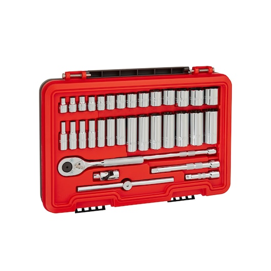 PROTO J52363S socket and ratchet set in red case, photographed from above on white background.