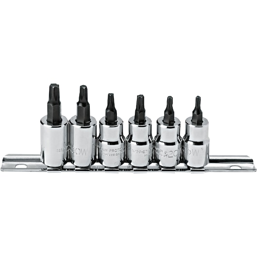 PROTO J5238C chrome socket bit set with black hex tips on rail, front angle, photography.