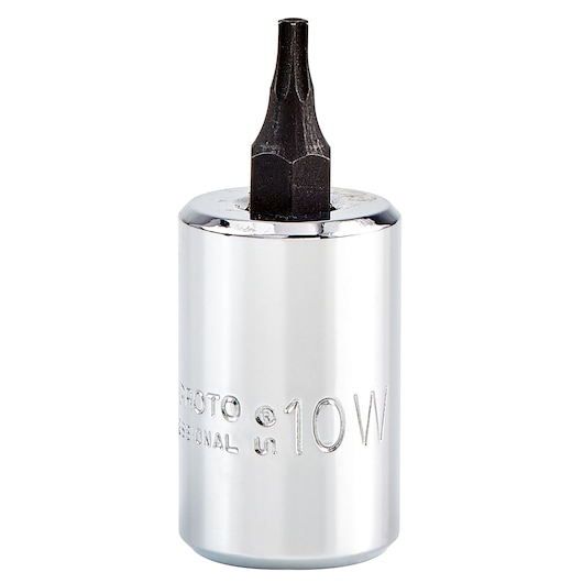 PROTO J5239-10W chrome hex bit socket, shown upright on white background, photography of single hand tool.
