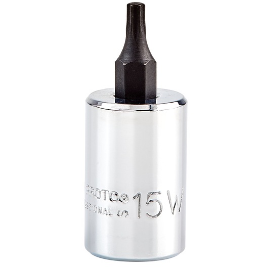 PROTO J5239-15W hex bit socket with chrome finish, engraved size, upright angle on white background.