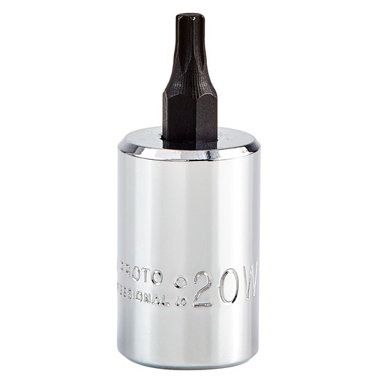 PROTO J5239-20W chrome and black hex bit socket, vertical angle, white background.