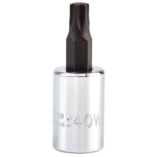 PROTO J5239-40W chrome hex bit socket front angle, silver body with black hex bit on white background.