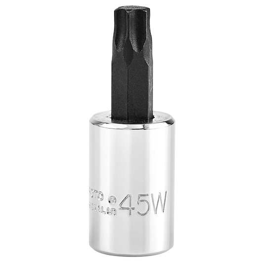 Photo of PROTO J5239-45W chrome and black socket bit tool, upright on white background.