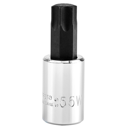 PROTO J5239-55W chrome and black hex bit socket vertical angle on white background.