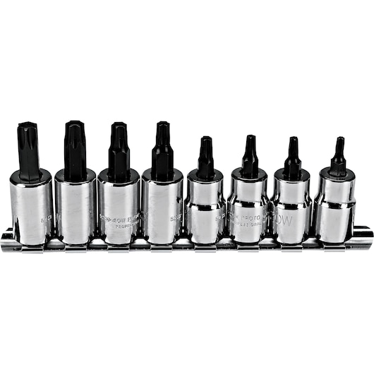 PROTO J5239C chrome socket bit set with black bits on rail, front angle, photography on white background.