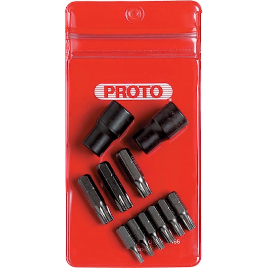 A set of black metal bits and sockets displayed in a red plastic pouch with the PROTO logo on it. The bits and sockets are organized and visible through the transparent front of the pouch.
