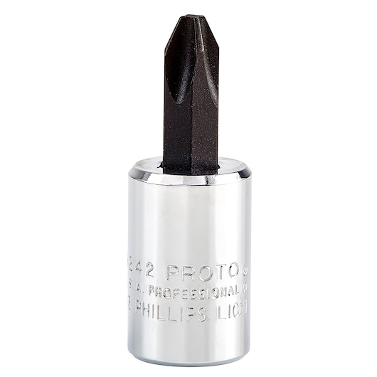 PROTO J5242 Phillips screwdriver bit socket, chrome and black finish, front angle, white background.