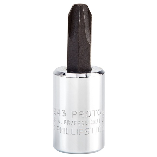 PROTO J5243 Phillips bit socket, chrome finish, vertical front view on white background.