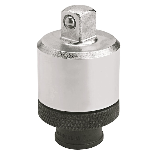 Photo of PROTO J5247 chrome and black socket adapter, straight-on angle, knurled grip, for hand tools.