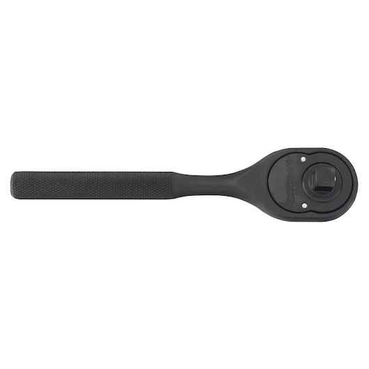 PROTO J5249BL black knurled handle ratchet, top view on white background, hand tool for sockets.