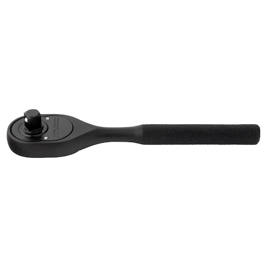 PROTO J5249BL black knurled-handle ratchet, side view on white background, tool photography.
