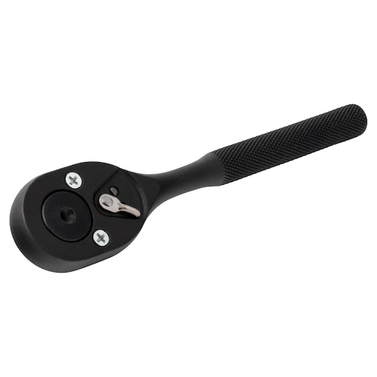 PROTO J5249BL black knurled handle ratchet with close-up side view on white background.
