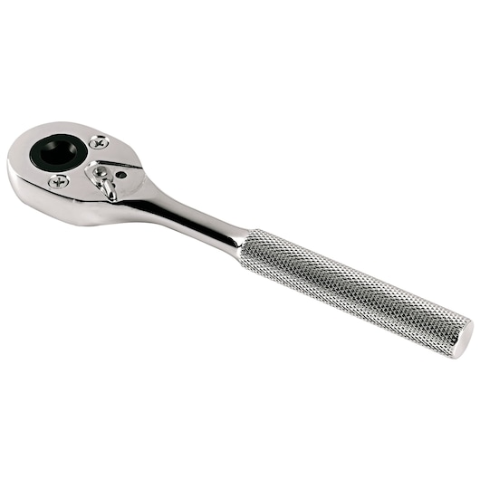 PROTO J5249FW polished chrome ratchet with knurled handle, left-side view, white background.