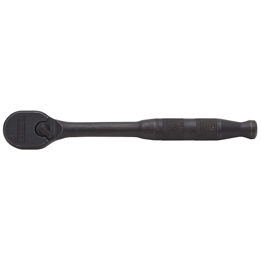 PROTO J5249HTCBL black steel ratchet with knurled handle, side angle, photography