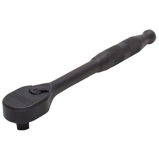 PROTO ratchet wrench J5249HTCBL, black metal tool, side angle, textured handle, white background.