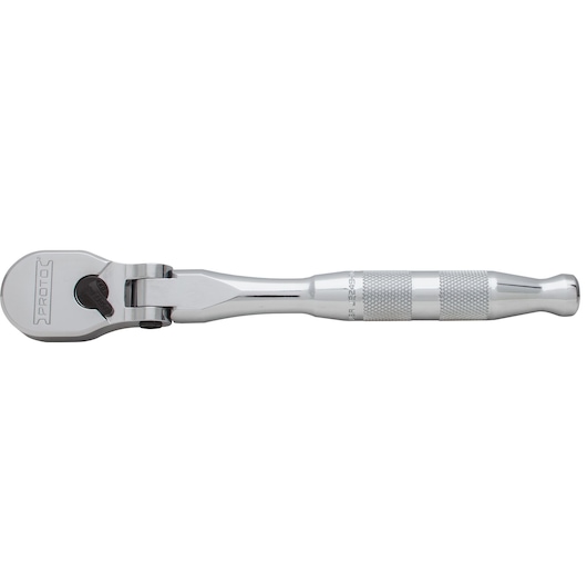 Photo of PROTO J5249HTCF chrome ratchet handle, knurled grip, side angle, on white background.