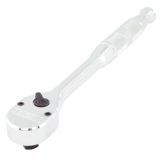 Photo of PROTO ratchet wrench with knurled grip, silver finish, SKU J5249HTC, angled on white background.
